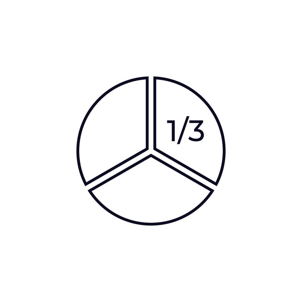 Simple black and white pie chart divided into three equal sections showing one third vector
