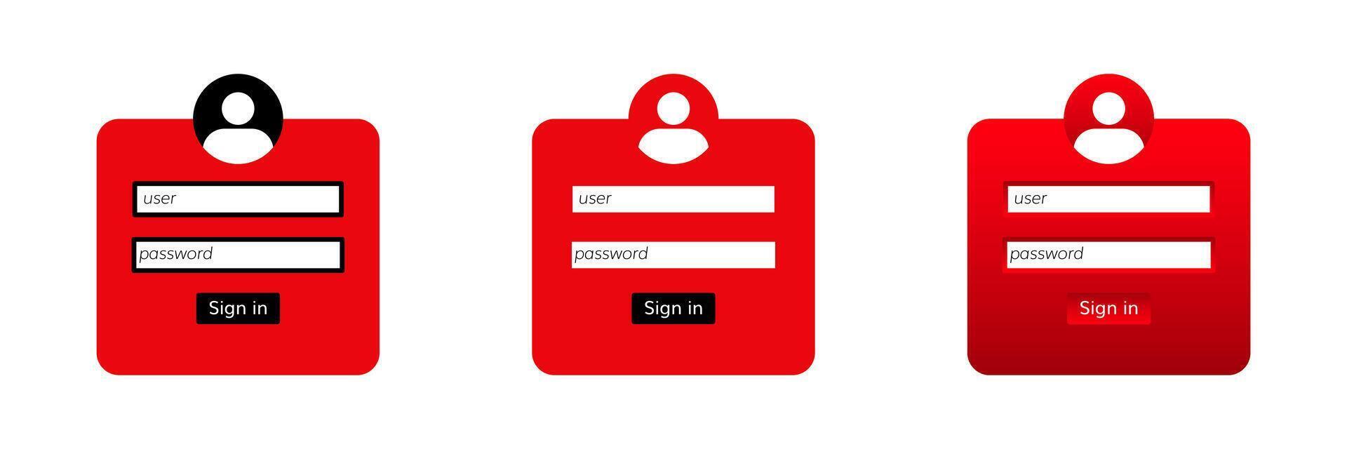 Three red login forms with user and password fields for sign in interface design vector