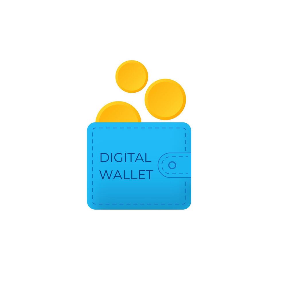 Blue digital wallet icon with three gold coins floating above it vector