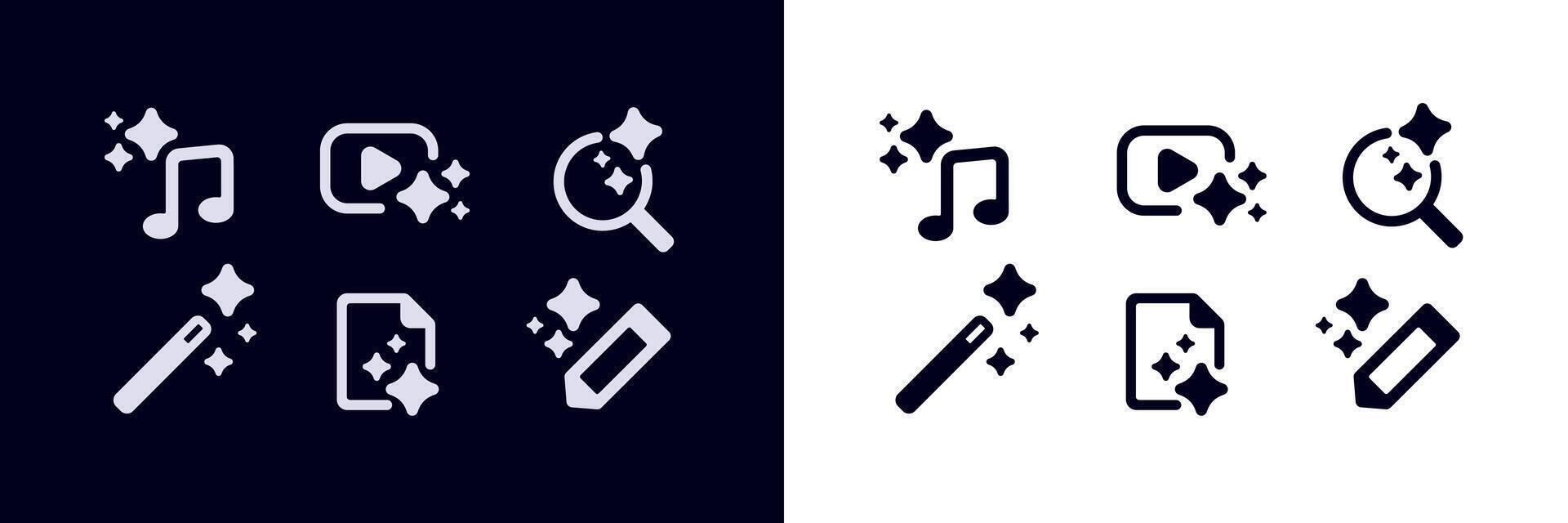 Two sets of monochrome icons featuring music notes, magnifying glass, and magic wand vector