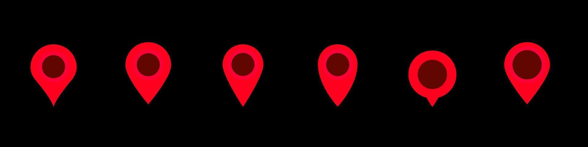 Six red map pin icons aligned horizontally show variations in design and shape vector