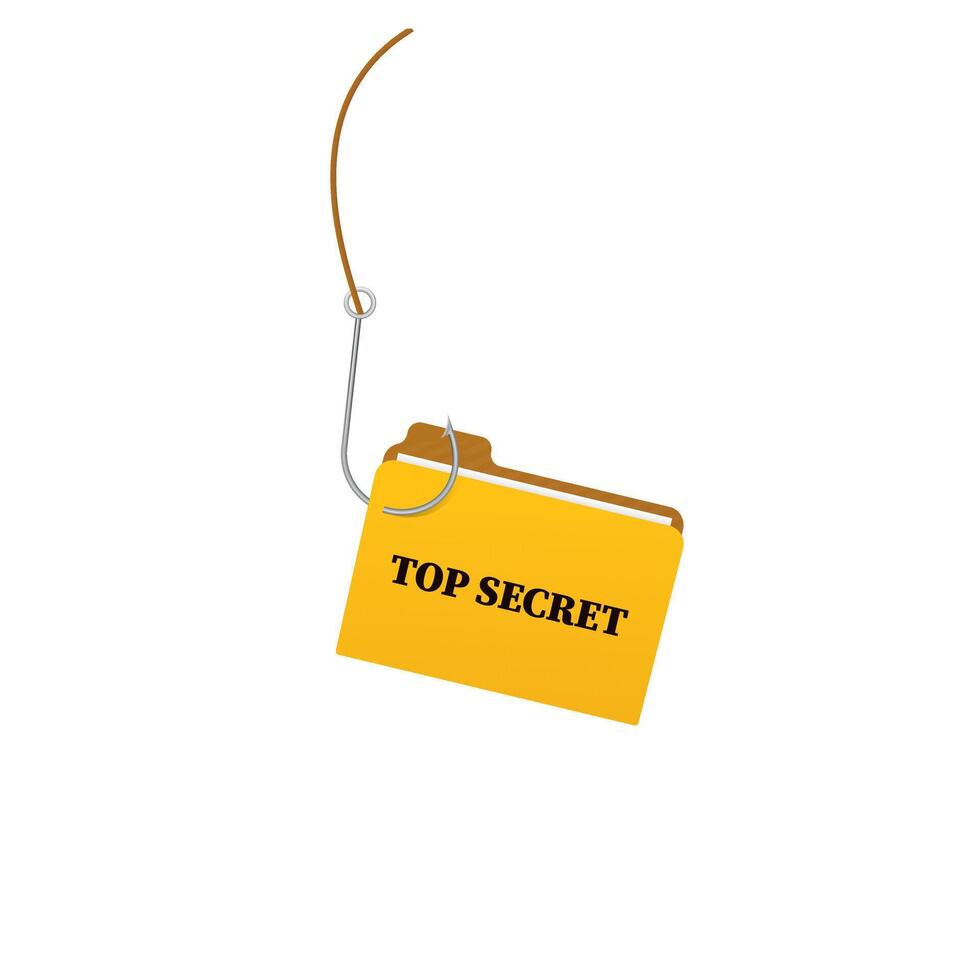 Fishing hook with yellow folder marked top secret stands out boldly in center vector