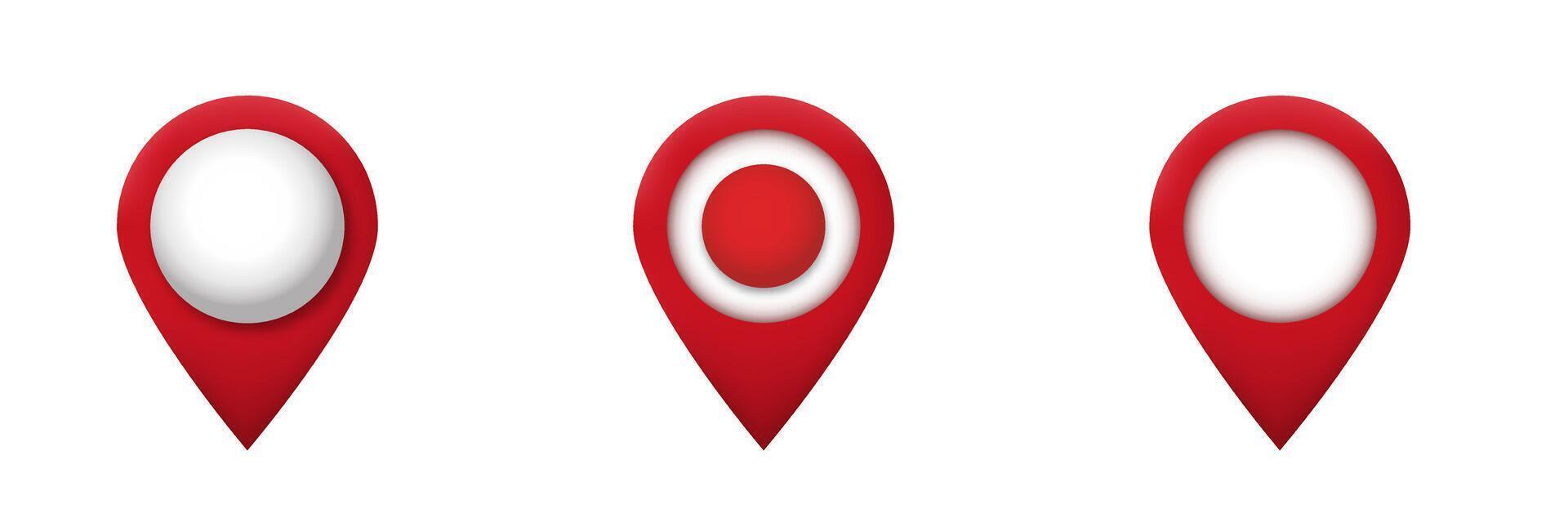 Three red location markers with white and red circle centers in different styles vector