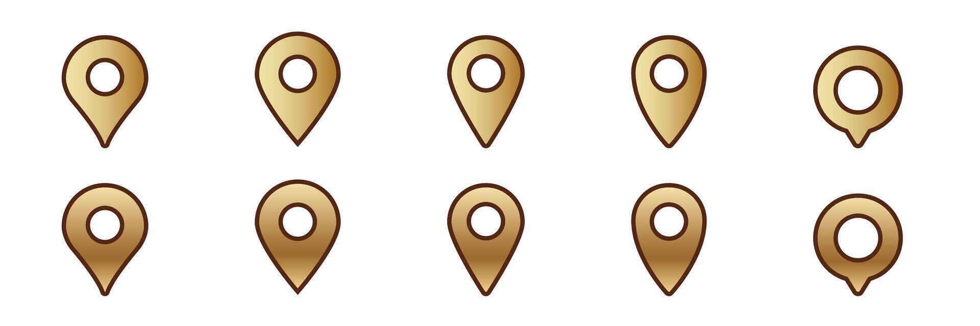 Collection of ten brown map location pins with circular and droplet designs vector