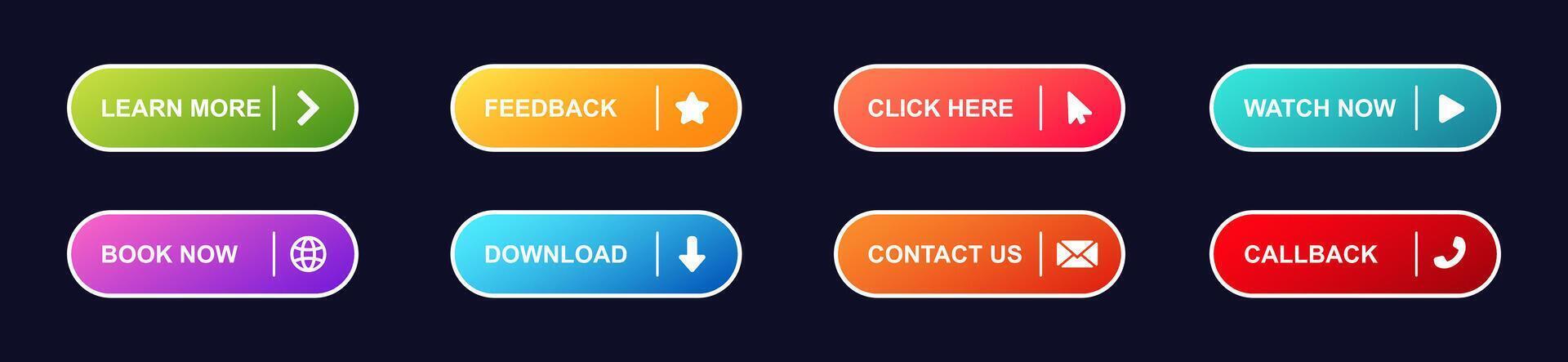 Colorful buttons with different actions including icons for online platforms and websites vector