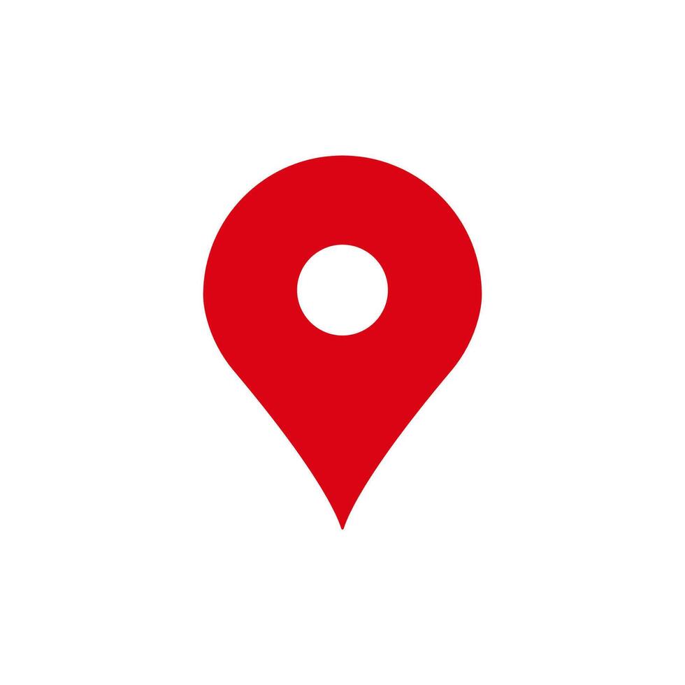 Red location pin icon symbolizing map position or destination marker on minimalist white vector