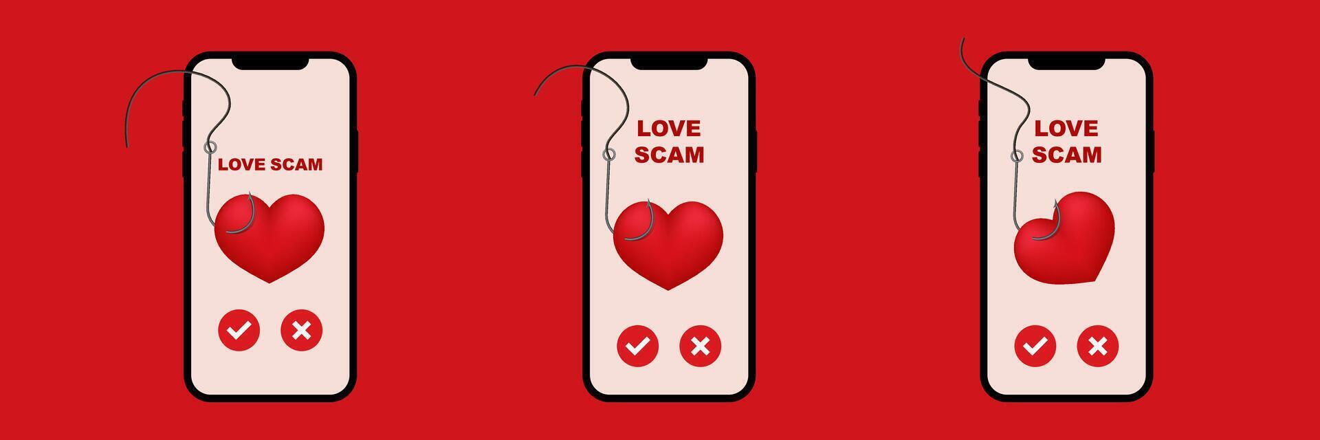 Online love scam alert on smartphone screens with heart and hook symbols vector