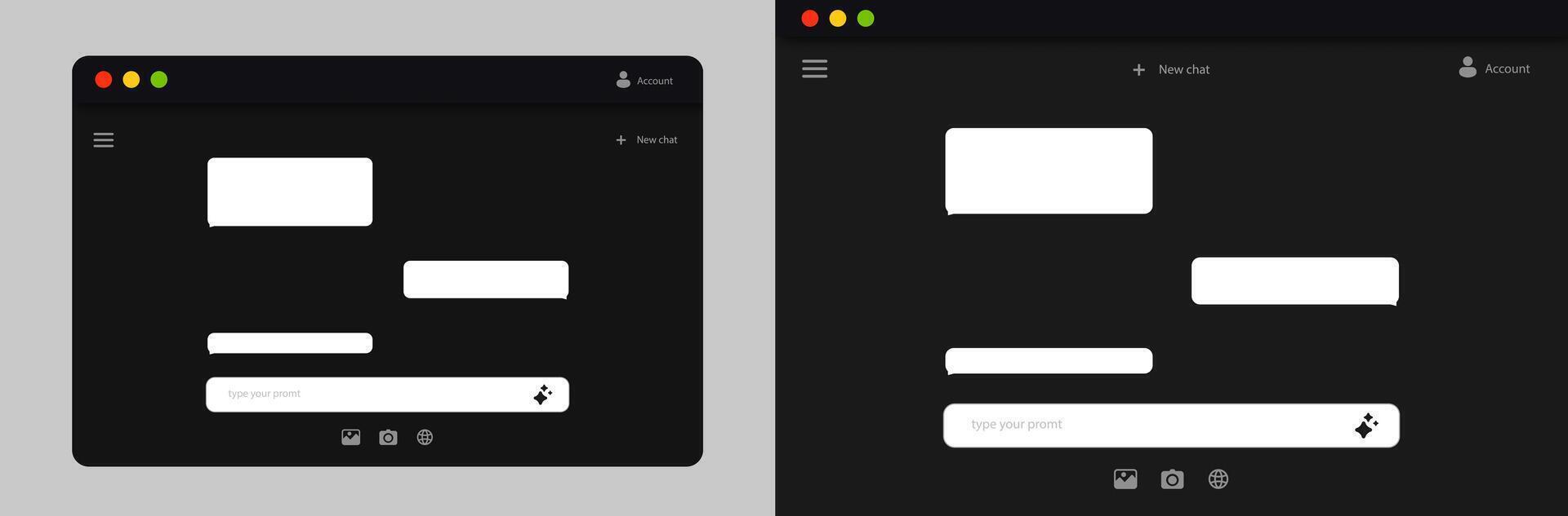 Two dark-themed chat interfaces displaying simple text speech bubbles and user interface elements vector