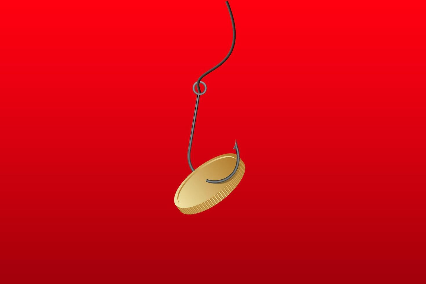 Golden coin on fishing hook symbolizing online scam with red background space vector