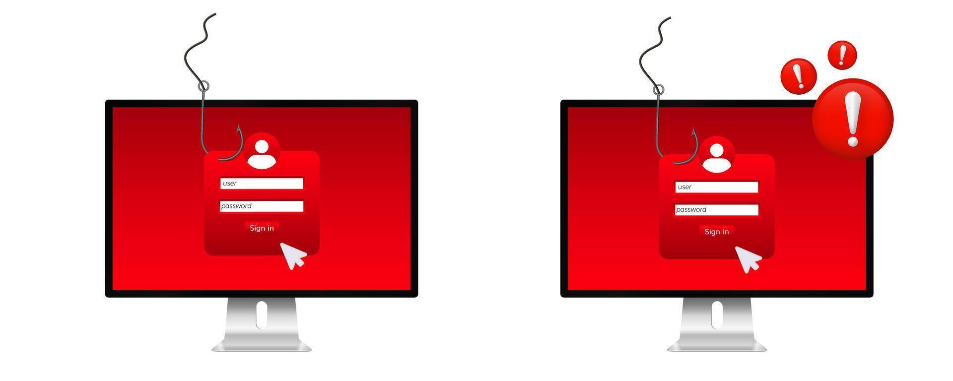 Computer screen phishing warning with login fields displayed and alert symbols vector