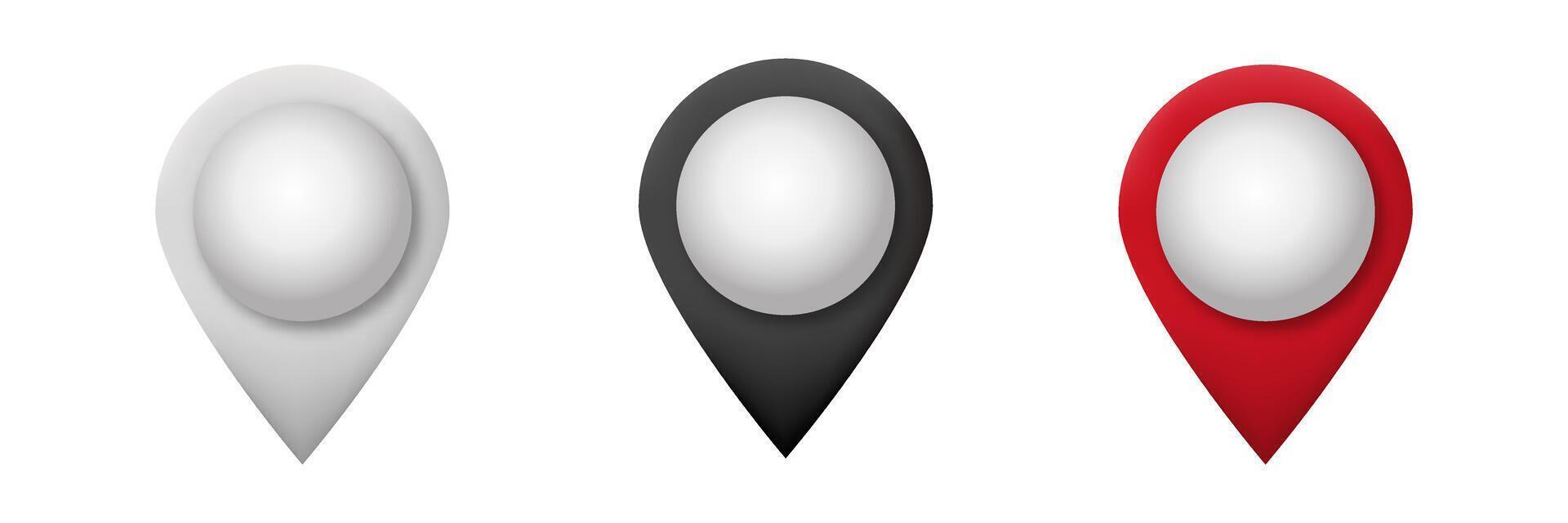 Three colorful map markers in minimalist design with white, black, and red variations vector