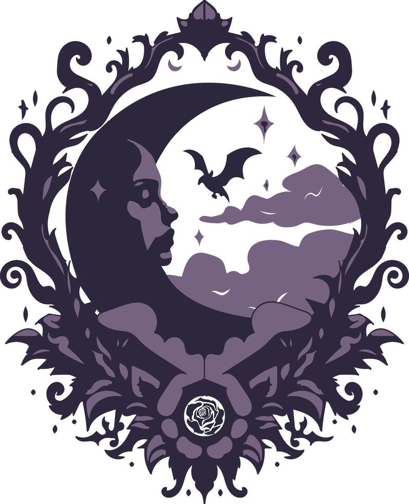 Gothic Crescent Moon with Fantasy and Vintage Horror Elements vector