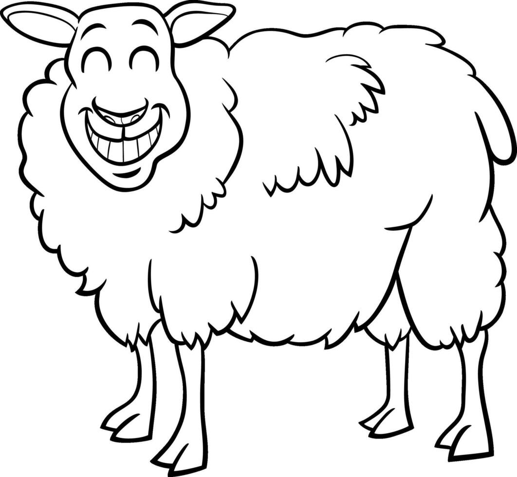 happy cartoon sheep farm animal character coloring page vector