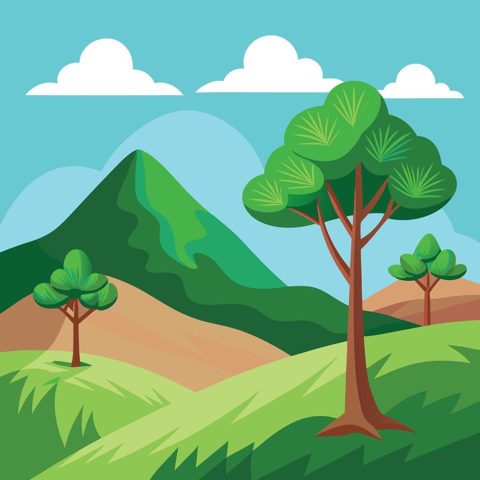 a flat illustration of a hill, a tree, and grass vector