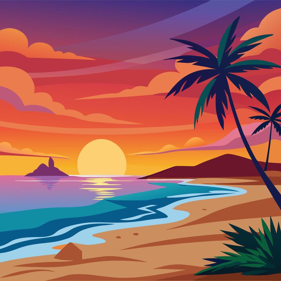 a flat illustration of a sunset on the beach vector