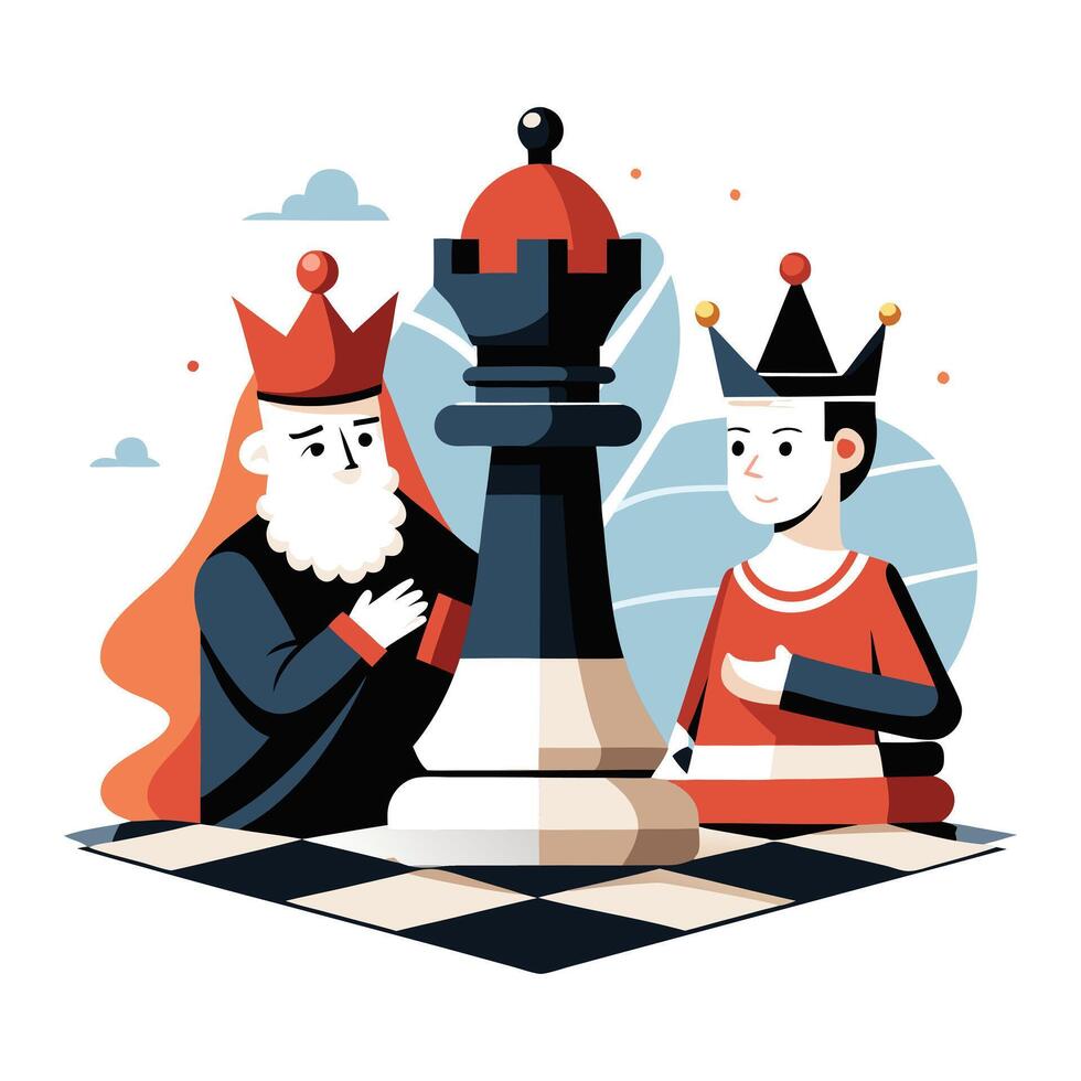 a flat illustration of a chess king and queen, a human, dice, checkmate on the board vector
