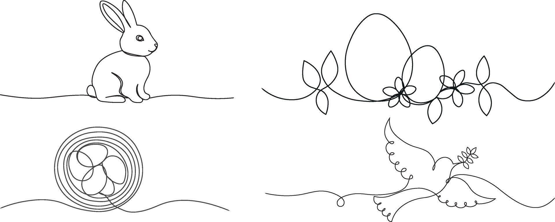 easter line art doodles. eggs with flowers and leaves, rabbit, nest with eggs and dove with olive branch vector