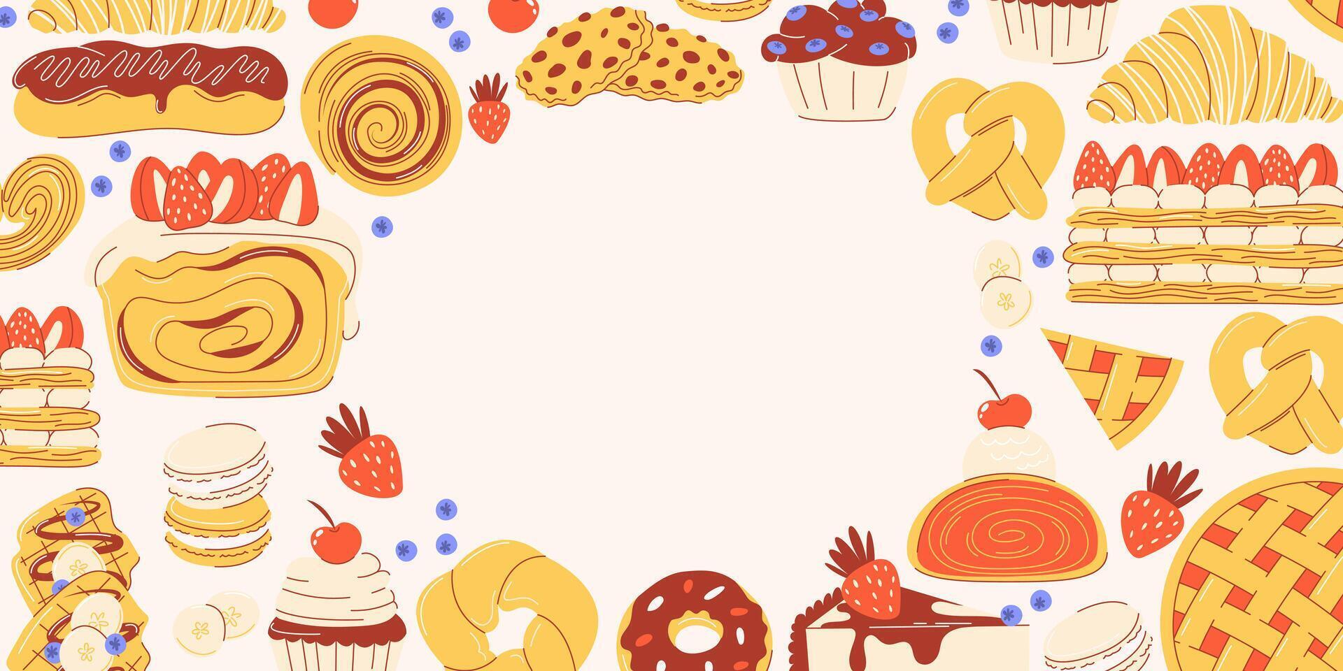 Pastries set, frame with space for text or design in the middle. Hand drawn flat illustration with popular sweet desserts, baked goods. Bakery background template for banner, poster vector