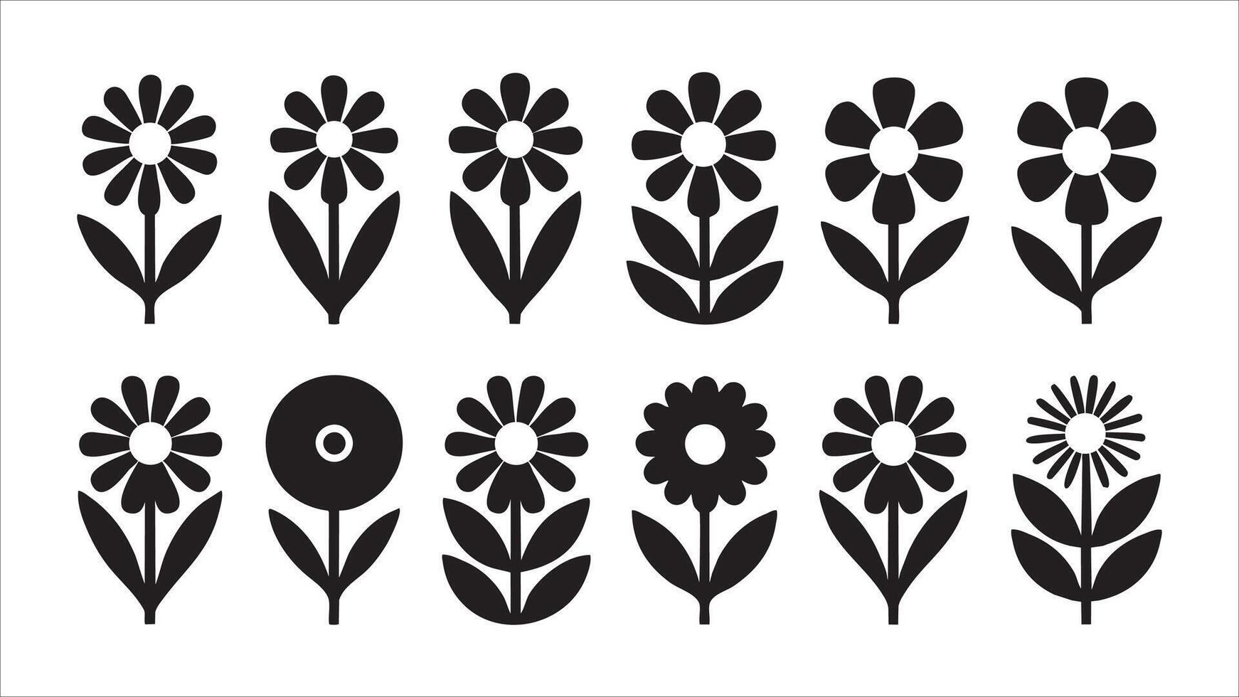 Twelve Black Silhouettes Simple Flower Icons, Floral Designs vector