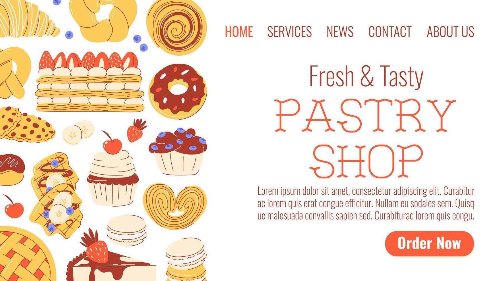 Pastry shop, tasty and sweet desserts. Cupcake, muffin, cheesecake, macaron, mille feuille, viennese waffle, palmier. Flat illustration for poster, banner, website, advertising, landing page vector