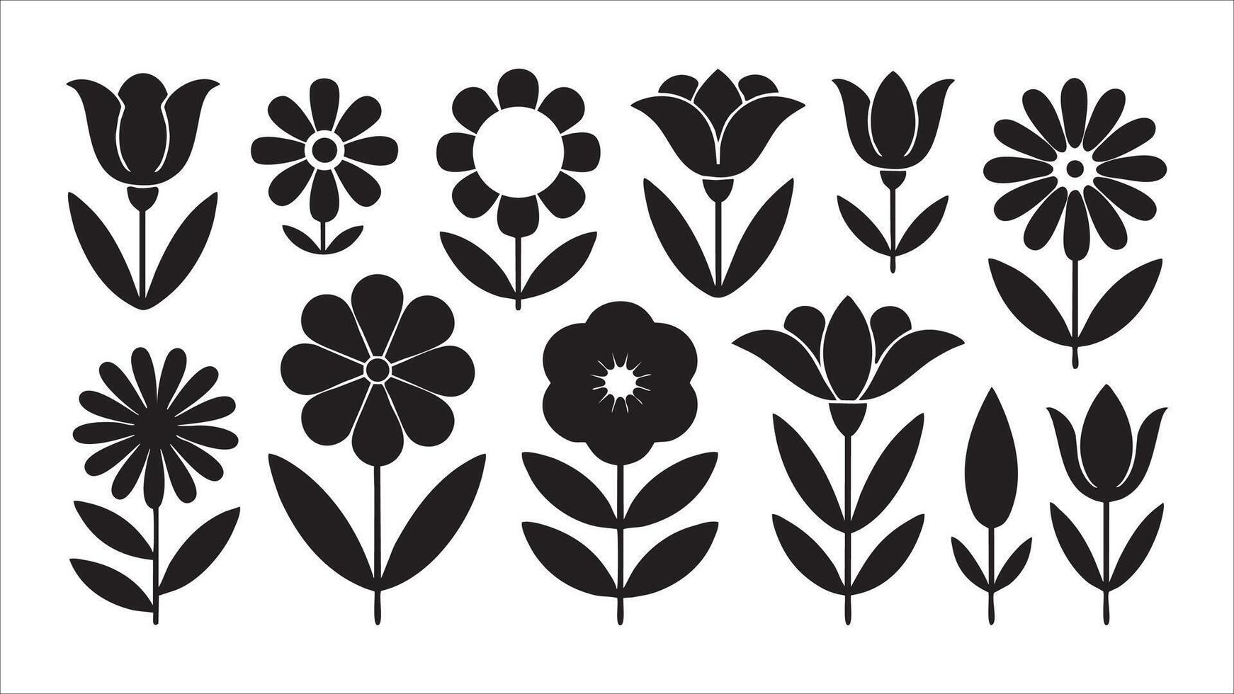 Black and White Floral Design Tulips, Daisies, Flower Icons vector