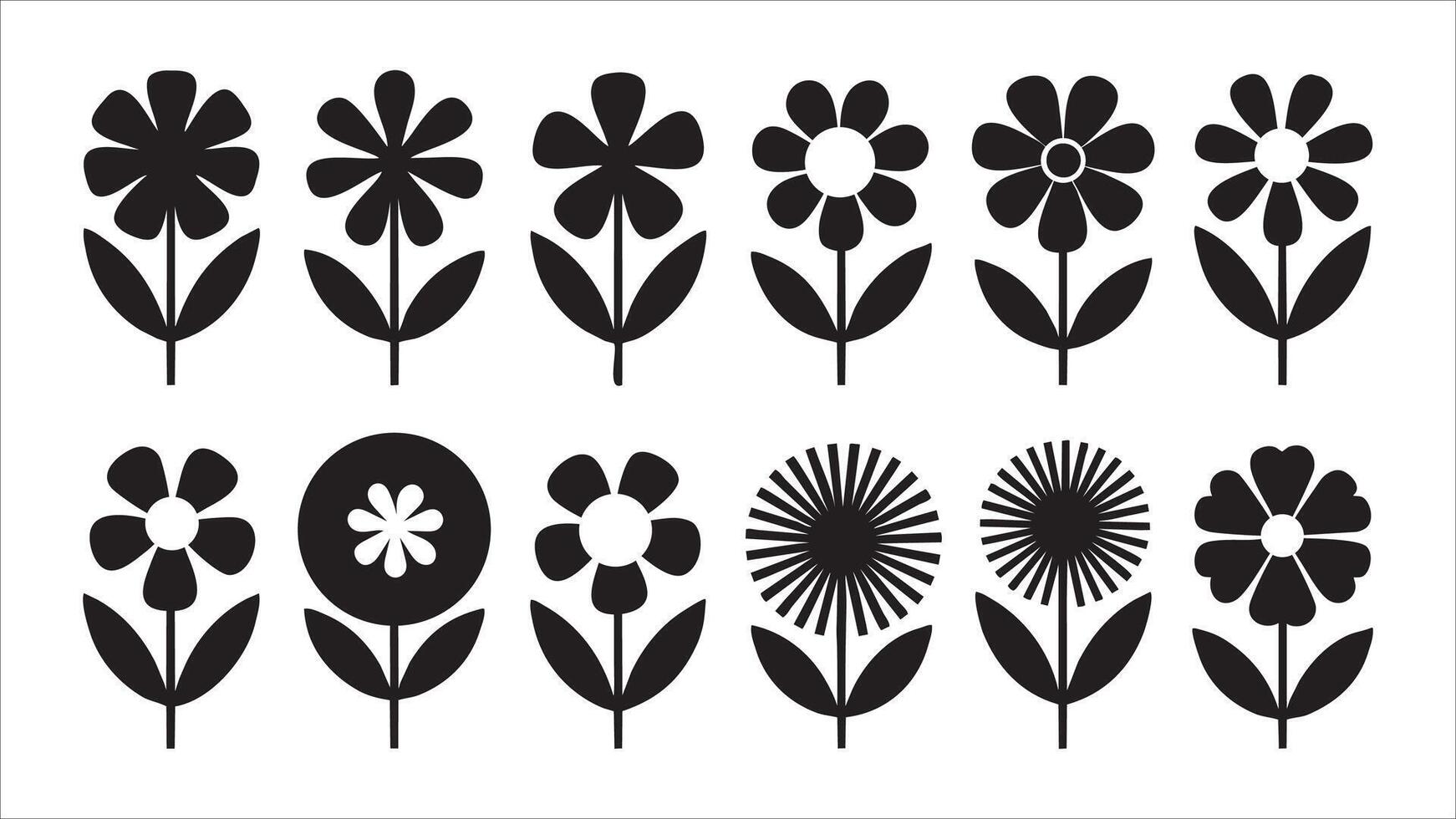 Black and White Floral Icons Simple Flower Designs vector