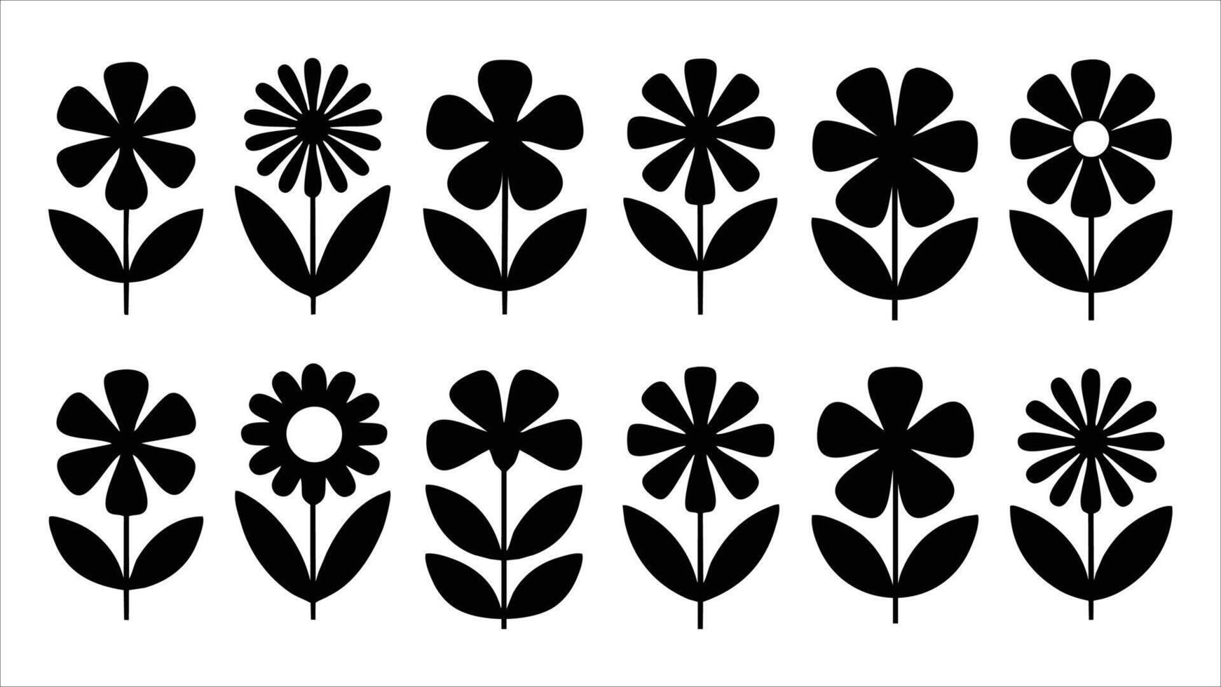 Twelve Black Silhouette Flower Icons Simple Floral Designs vector