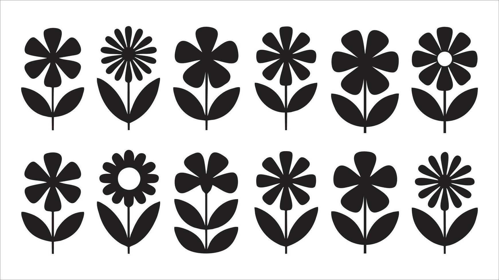 Twelve Simple Black Flower Silhouettes Floral Designs, Botanical Art vector