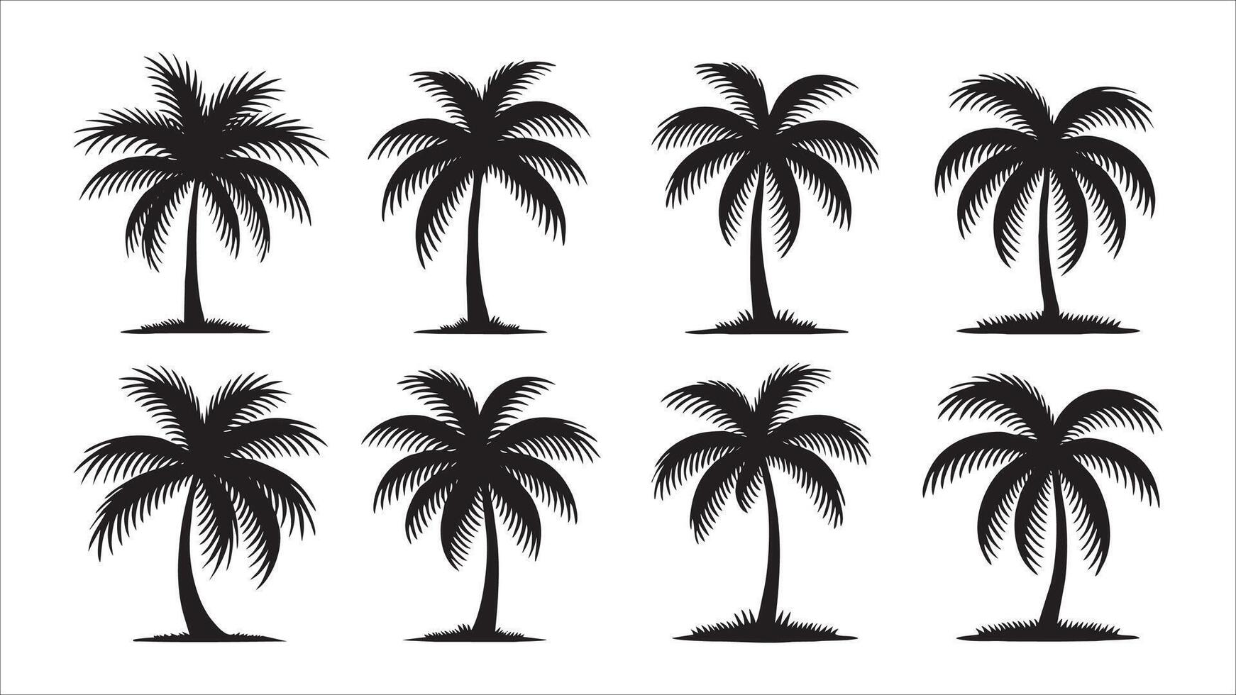 Eight Black Silhouettes of Tropical Palm Trees on White vector