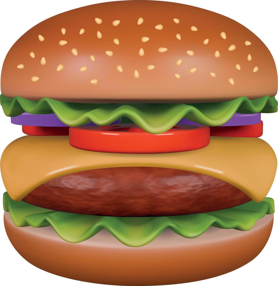 isolated 3d hamburger.with salad, cheese, tomatoes and onions. fast food burger realistic illustration vector