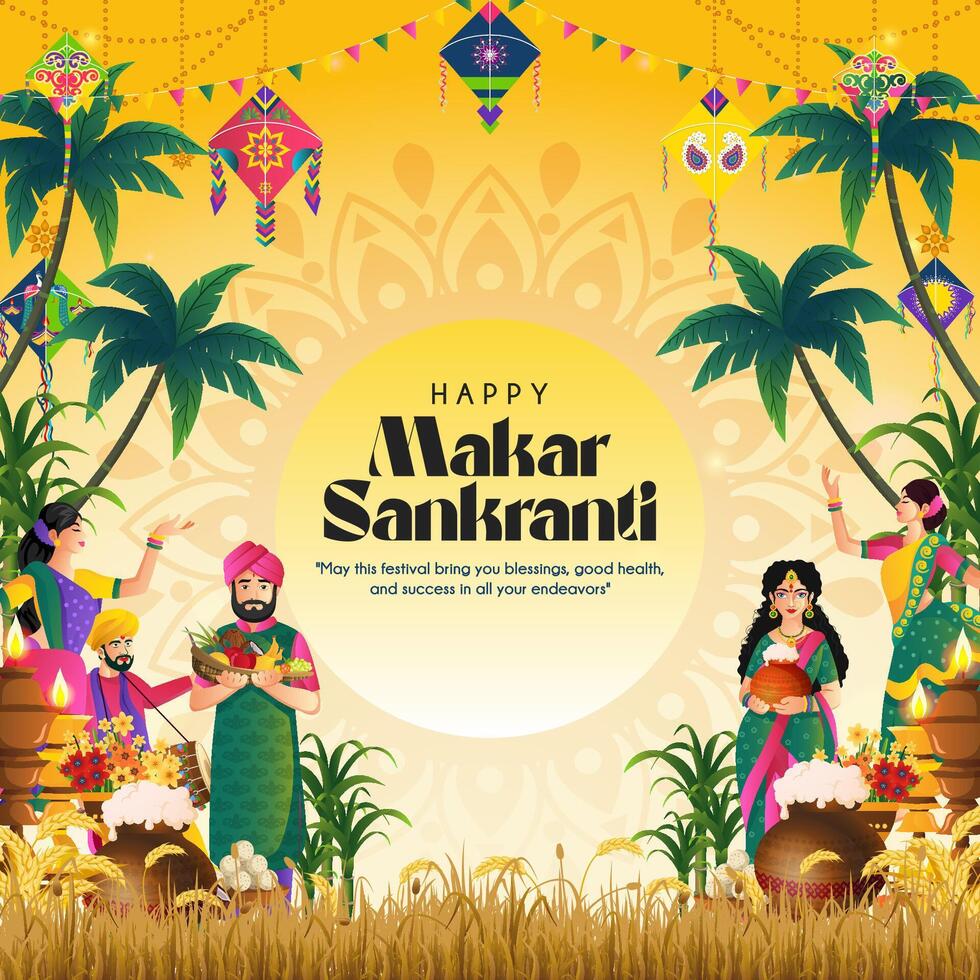 illustration of Happy Makar Sankranti with indian people party background vector