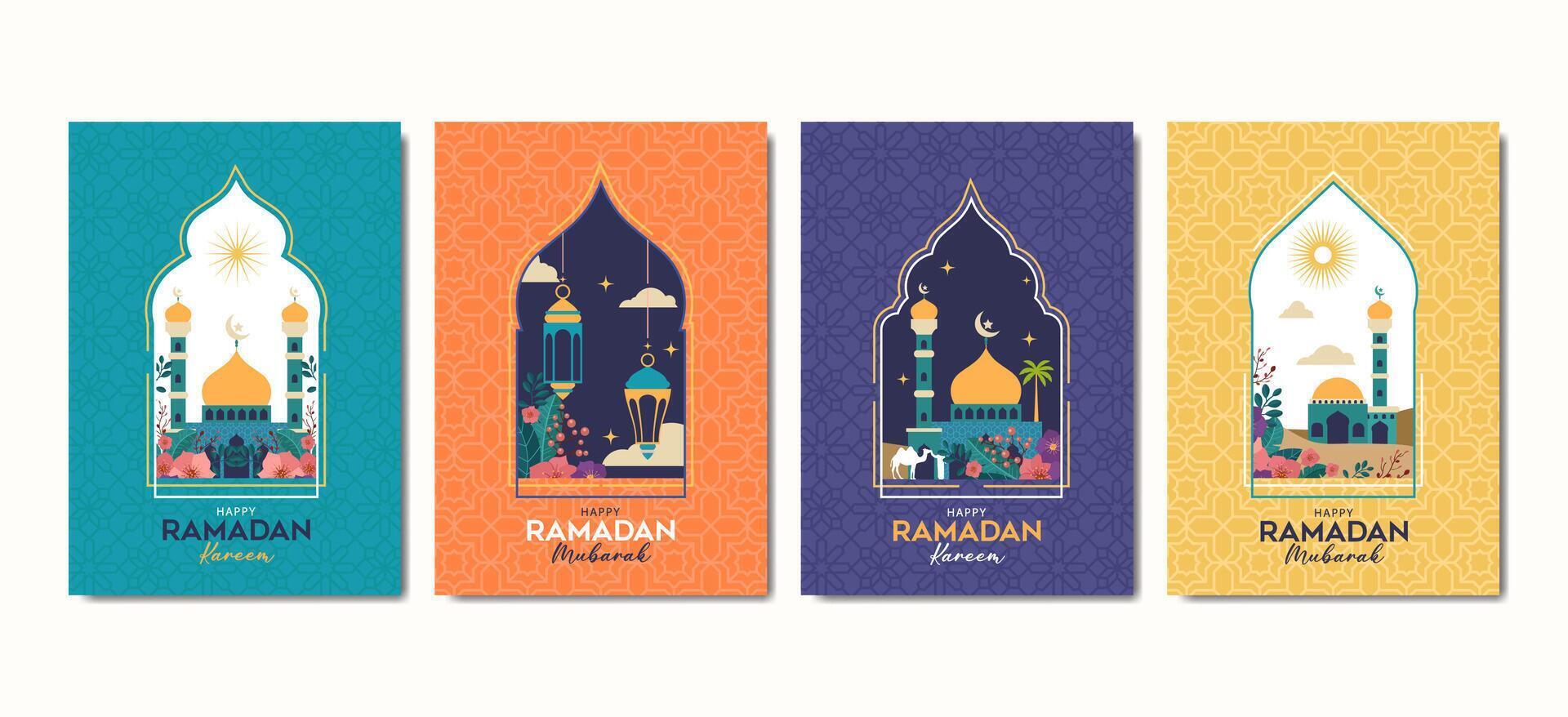 Set of modern style Islamic windows and arches with modern boho design, mosque dome and lanterns vector