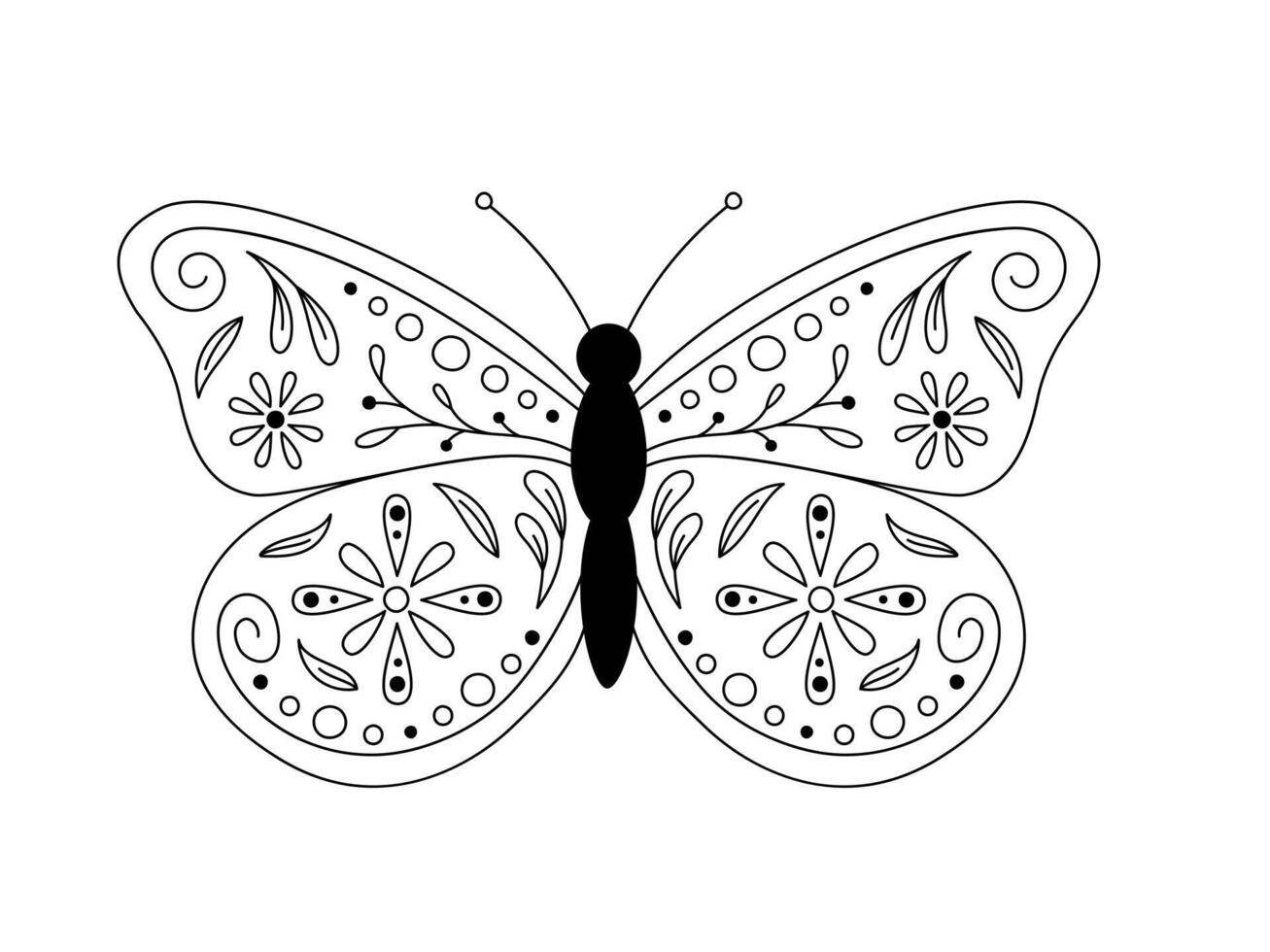 Butterfly with floral ornament. Whimsical insect isolated illustration. Black outline butterfly with abstract botanical decor on wings. Monochrome hand drawn doodle elements flowers, leaves vector