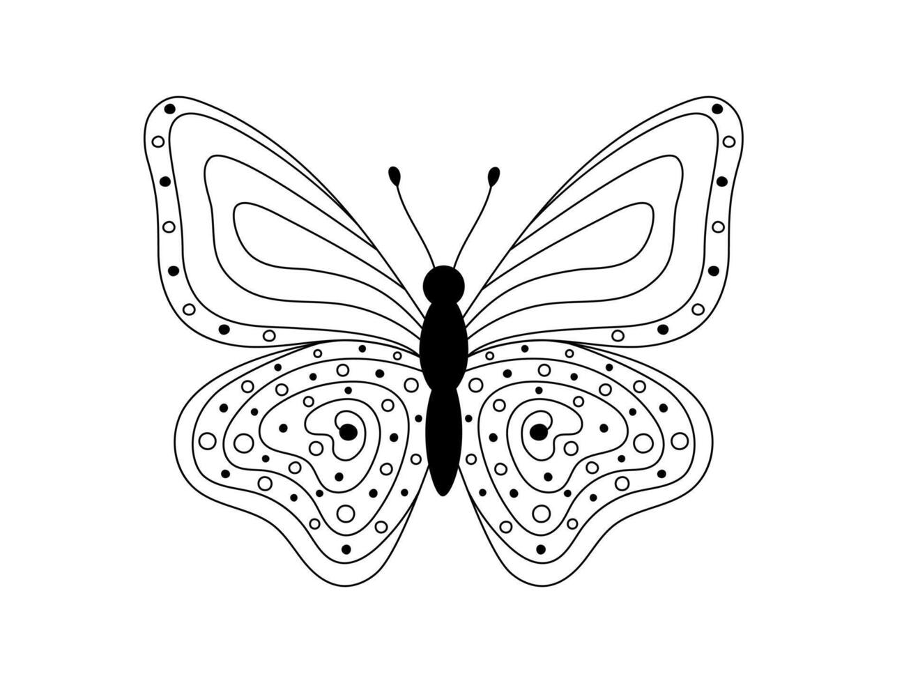 Butterfly with abstract doodle ornament on wings. Whimsical insect isolated illustration. Creative black outline butterfly with hand drawn elements on white background vector