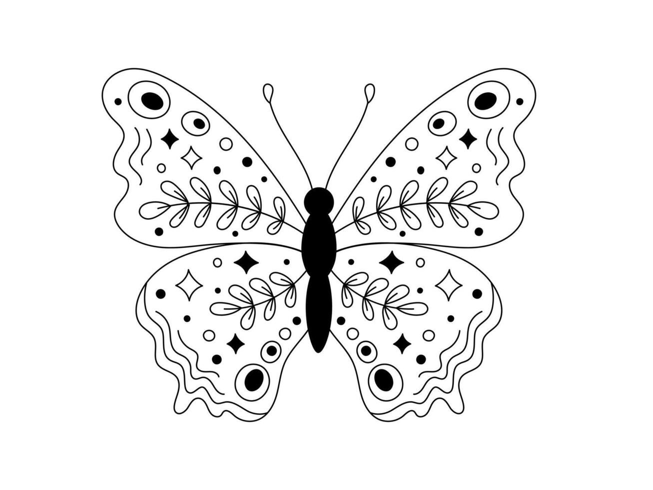 Butterfly with botanical doodle ornament. Whimsical insect isolated illustration. Black outline butterfly with abstract decor on wings. Monochrome hand drawn elements, leaves vector