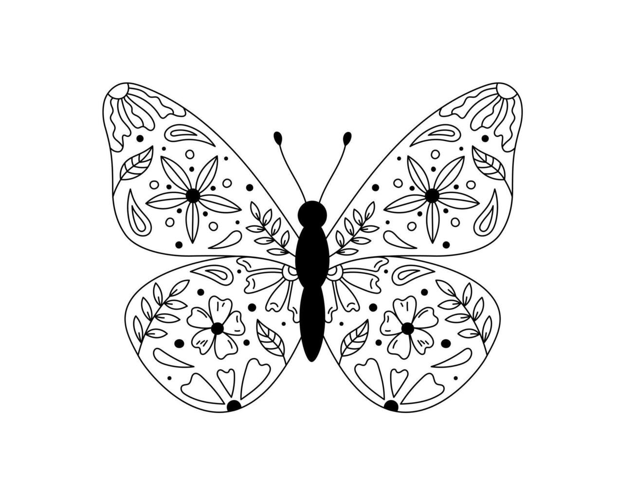 Butterfly with floral ornament isolated illustration. Whimsical insect. Black outline butterfly with abstract botanical decor on wings. Monochrome hand drawn doodle elements flowers, leaves vector