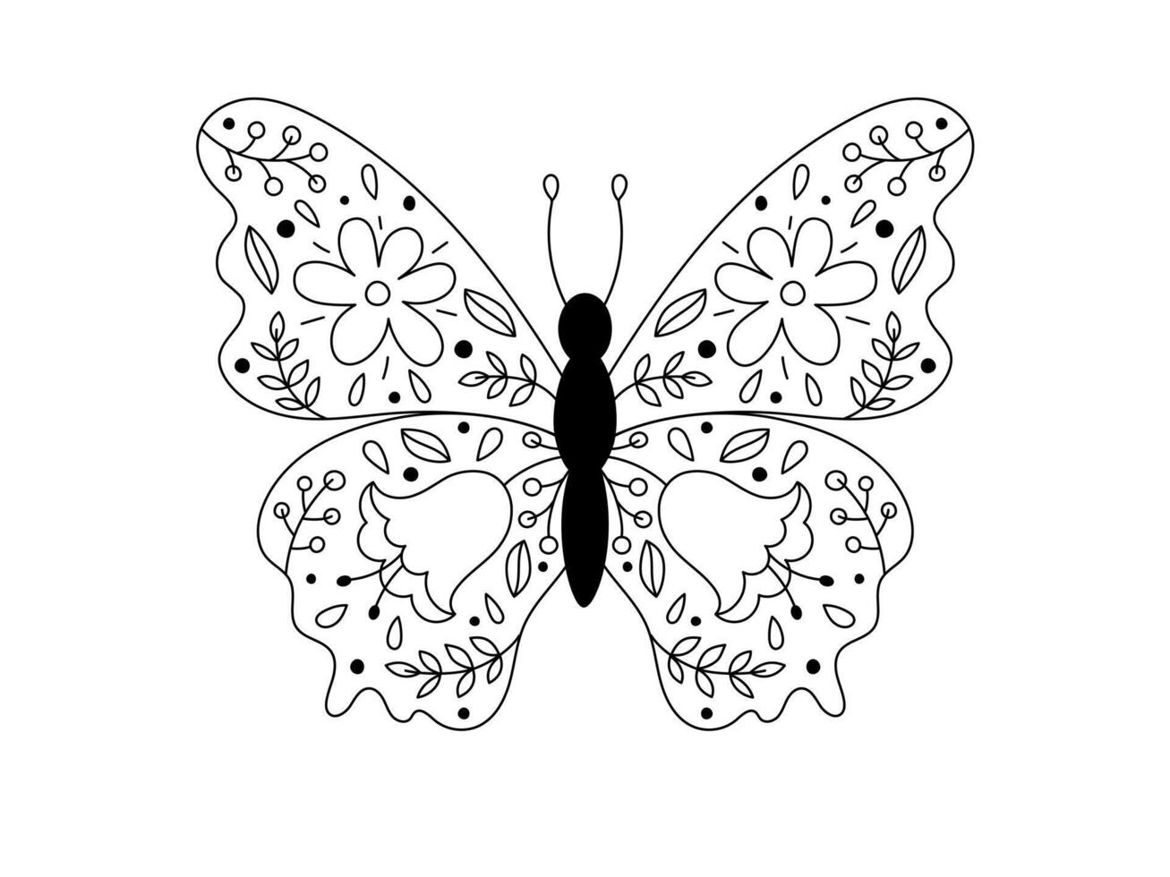 Black doodle butterfly with floral ornament on wings. Whimsical spring insect isolated illustration. Cute outline butterfly with abstract botanical decor. Hand drawn elements flowers, leaves vector
