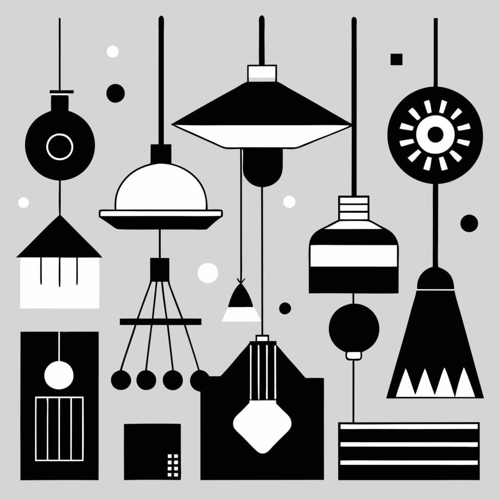 a black and white illustration of various lamps on a white background vector