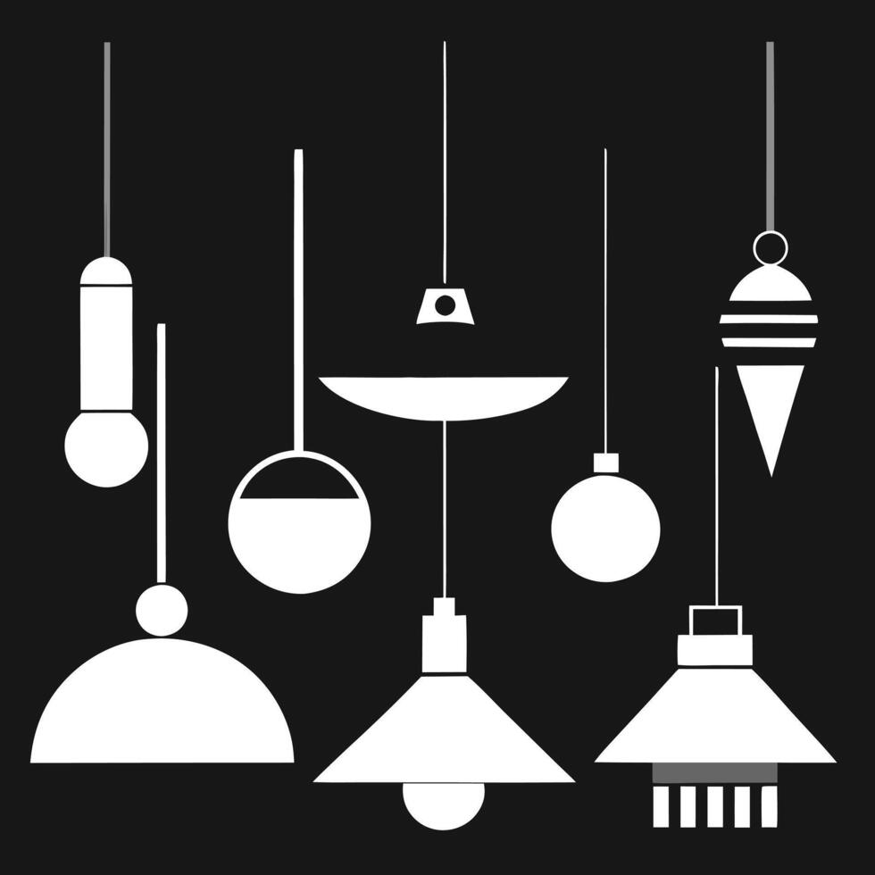 set of hanging lamps and bulbs on a black background vector