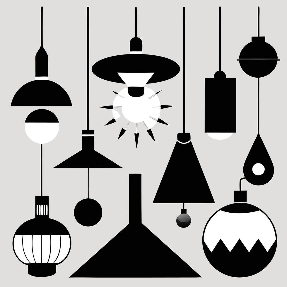 a set of different lamps and lights in black and white vector
