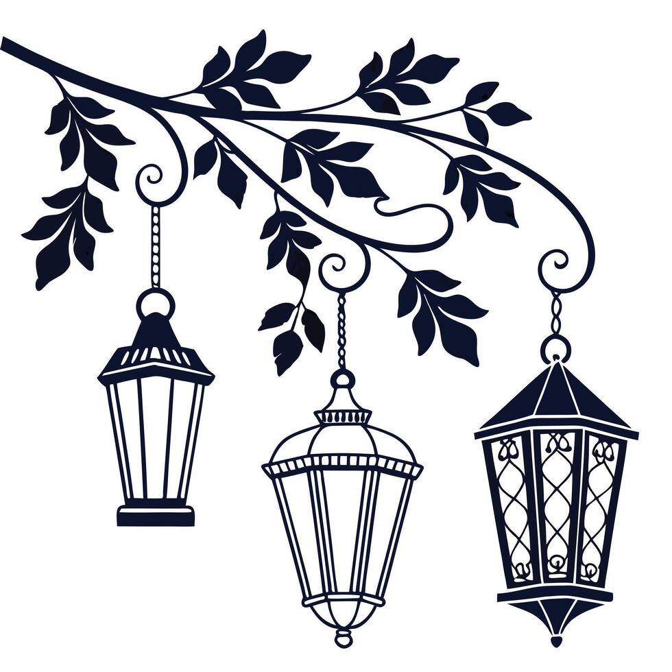 lanterns hanging on a tree branch illustration vector