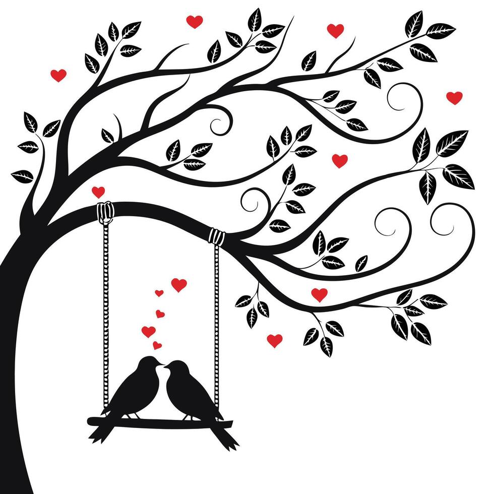 two birds on a swing with hearts in the tree vector