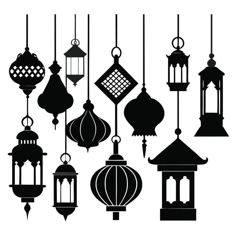 a set of black and white lanterns design vector