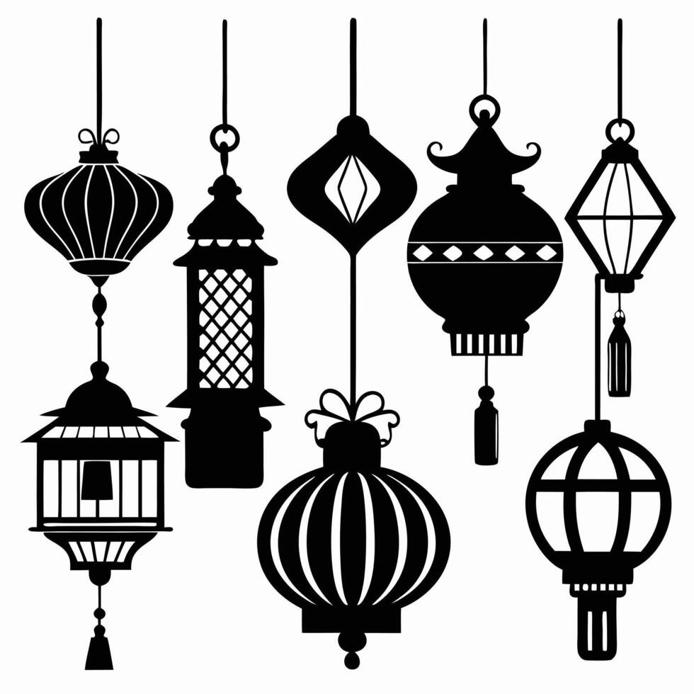 silhouette set of black and white lanterns vector