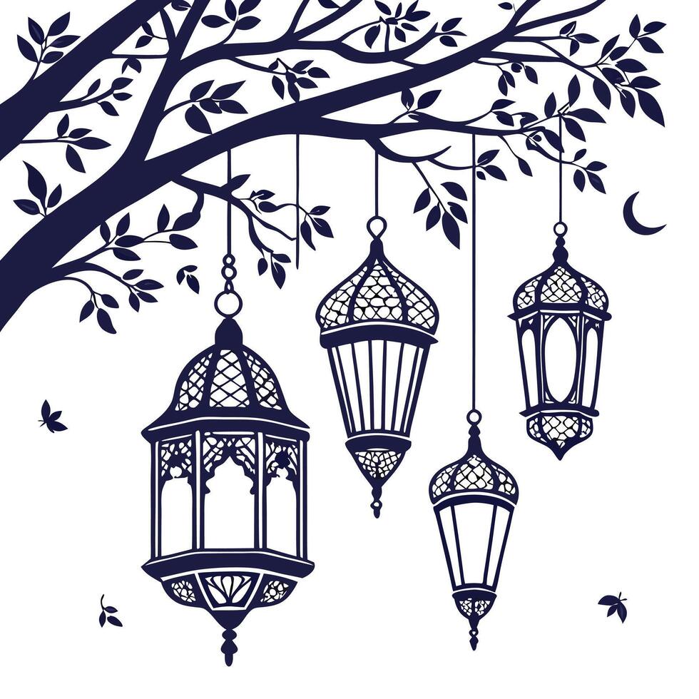 silhouette of arabic lanterns hanging from a tree vector