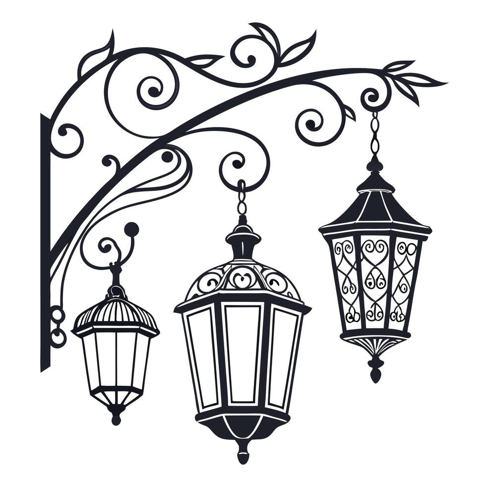 three lanterns hanging from a wall vector