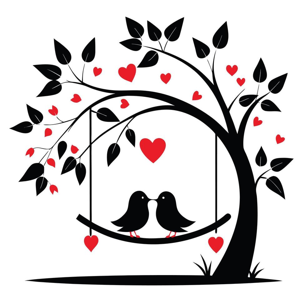 two birds on a swing with hearts design vector