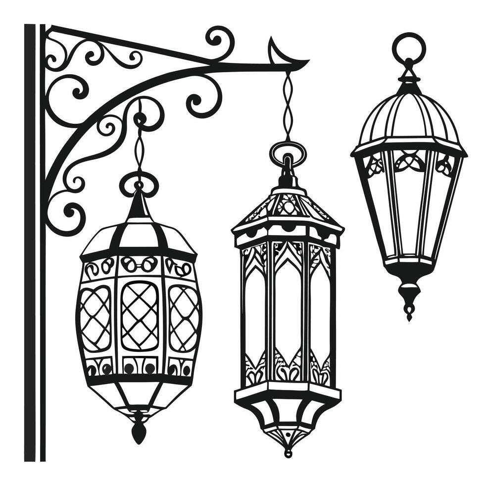 three different types of lamps hanging from a lamp post vector