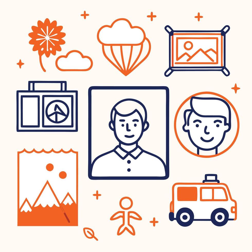 travel icons set, including a man, a car, a plane, a camera, and a white background vector