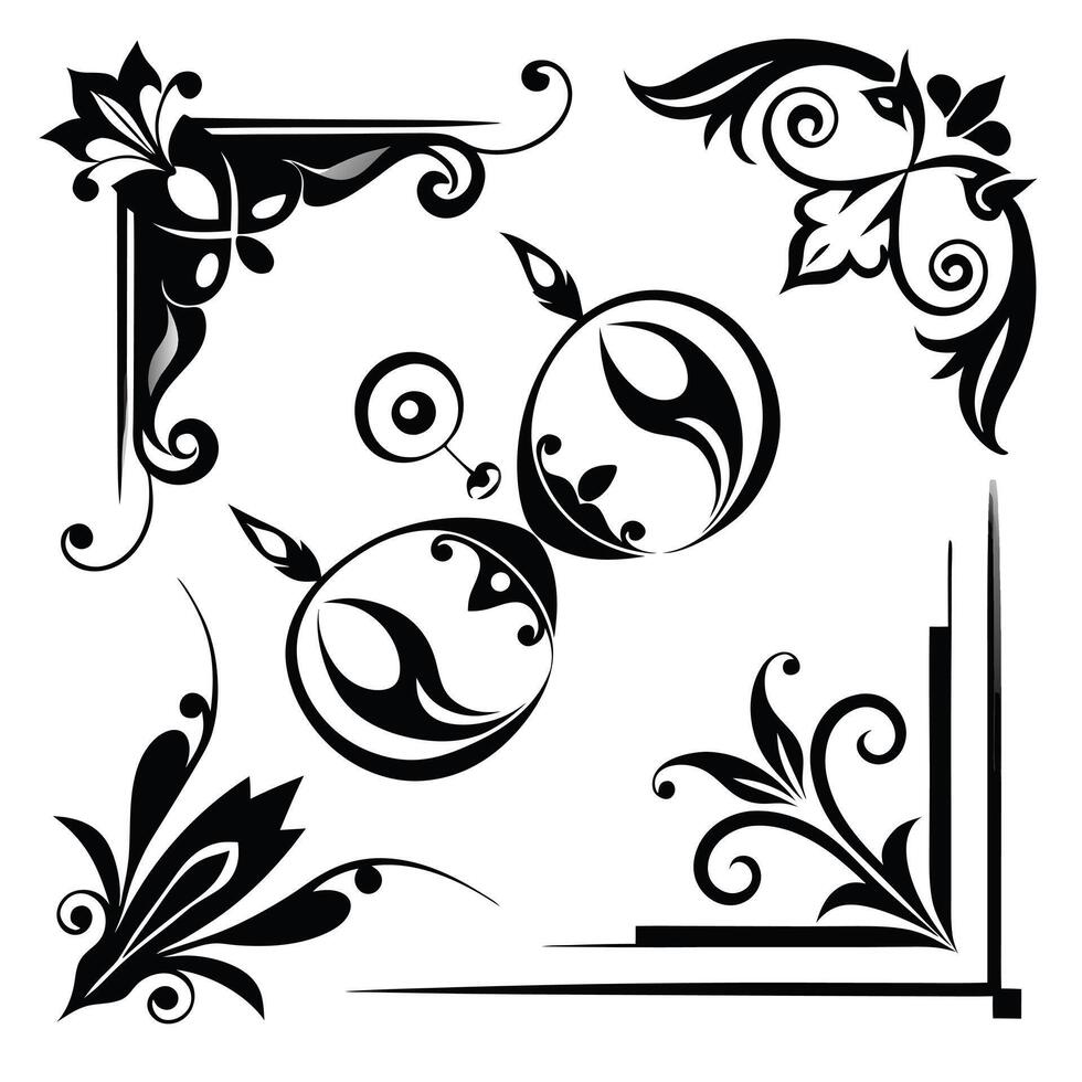 a set of decorative elements, including a flower, a frame and a scroll vector
